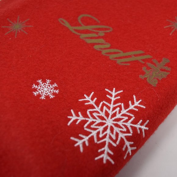Lindt Holiday Felt Gift Bag Empty Christmas Snowflakes Stars Ribbon Red Wrap - Picture 12 of 14